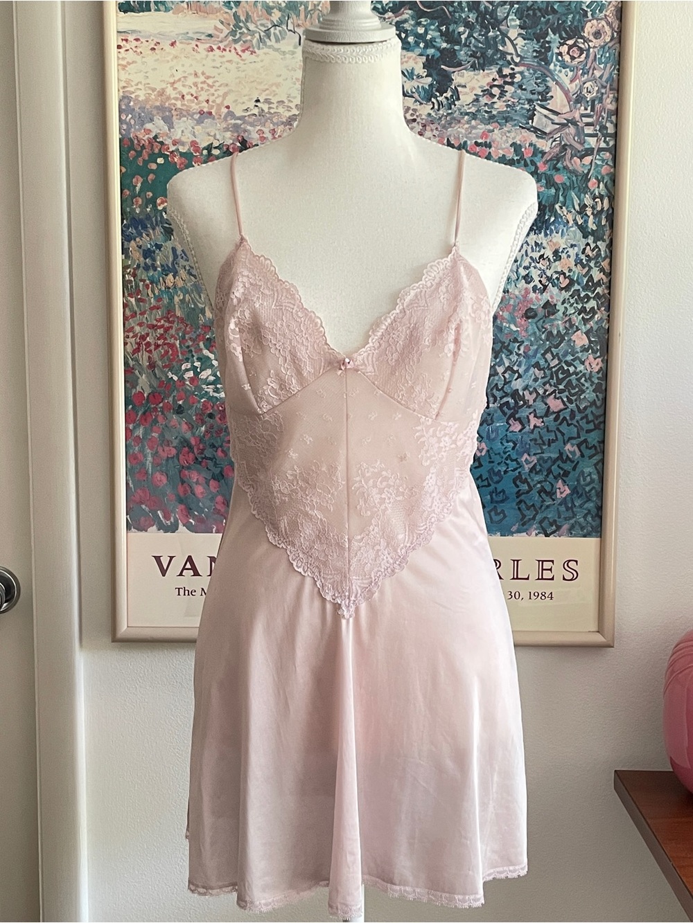 Vintage 70s Pink Satin Lace Slip Mini Dress XS/S Basque Coquette Bridal Lingerie - Picture 2 of 15